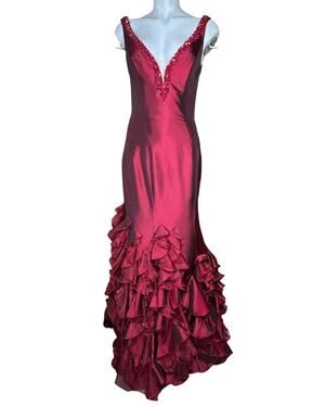Tiffany Designs Burgundy Beaded Ruffle Mermaid Formal Gown Size 10